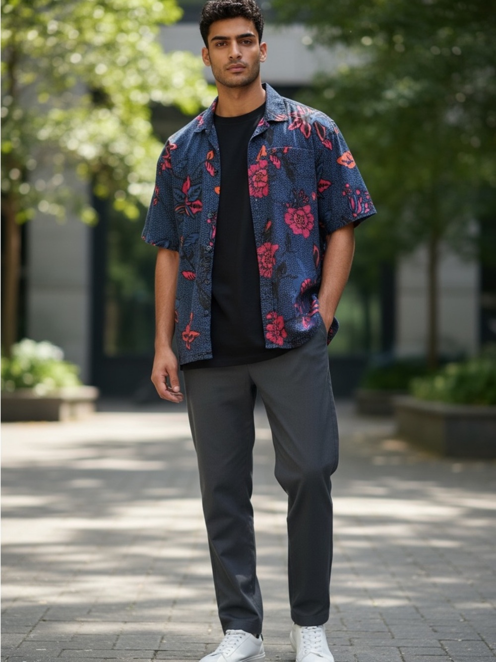 Men's Navy Floral Short-Sleeve Button Shirt - Blue with Pink Flowers